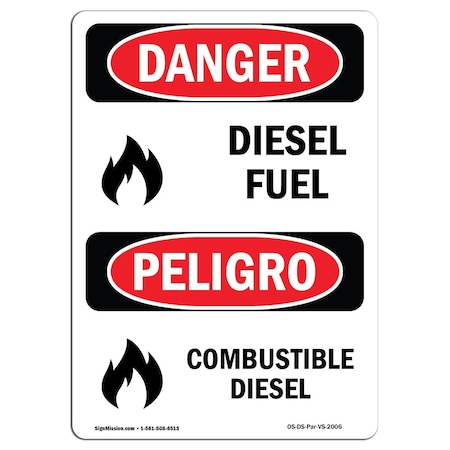 Signmission Safety Sign, OSHA Danger, 10" Height, Rigid Plastic, Combustible Diesel, Bilingual Spanish OS-DS-P-710-VS-2006